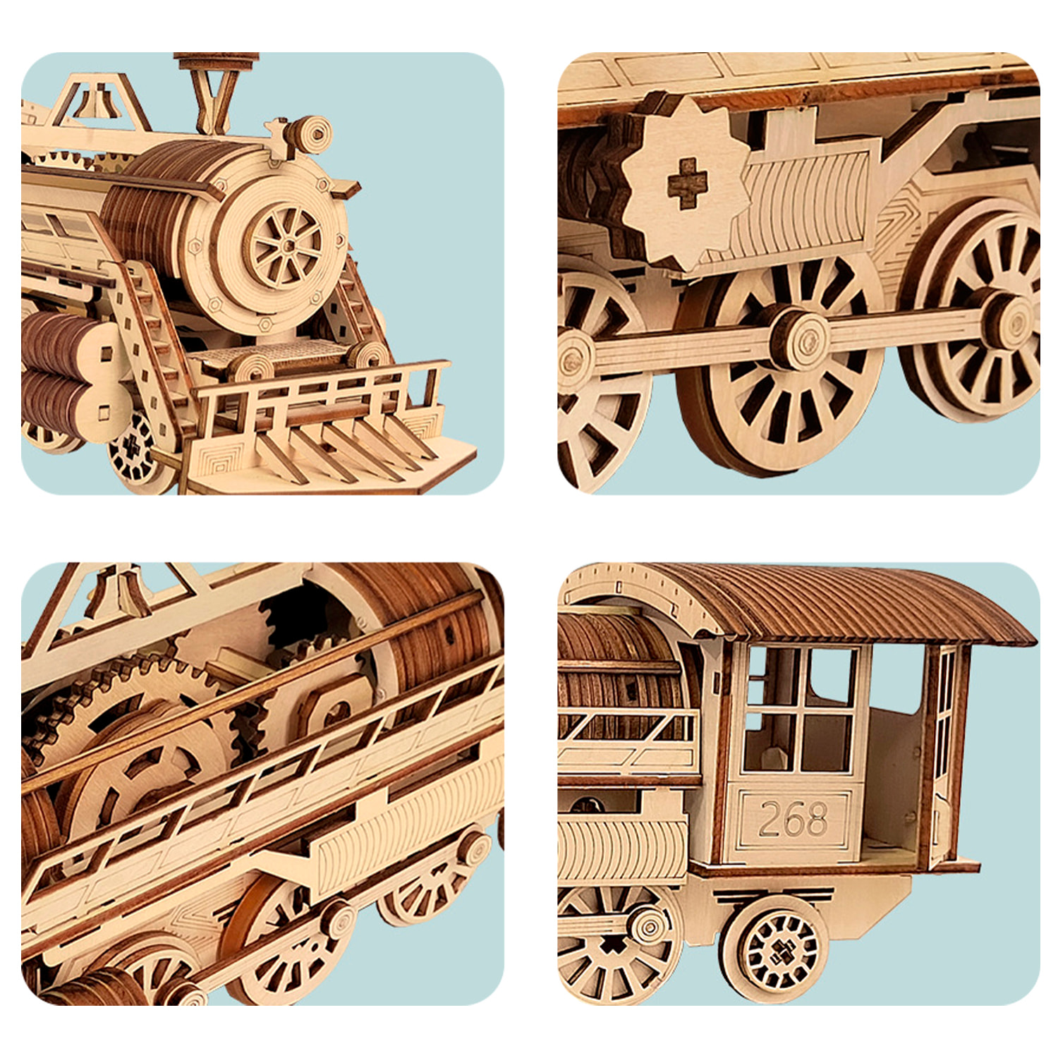 Modello di Legno 3D, con movimento meccanico design Treno a Vapore. 252 pezzi.