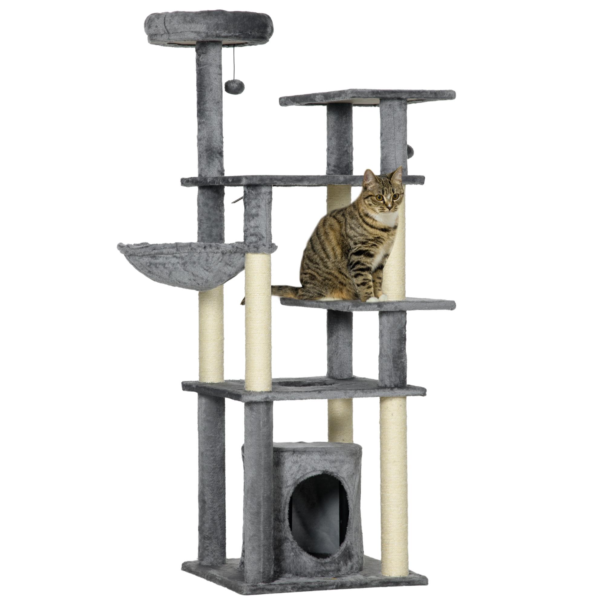 Árbol Rascador para Gatos Grande de 144 cm Torre para Gatos Interior con 4 Formas Postes para Rascar Cama Cueva Plataformas y Bolas Colgantes 49x49x144 cm Gris