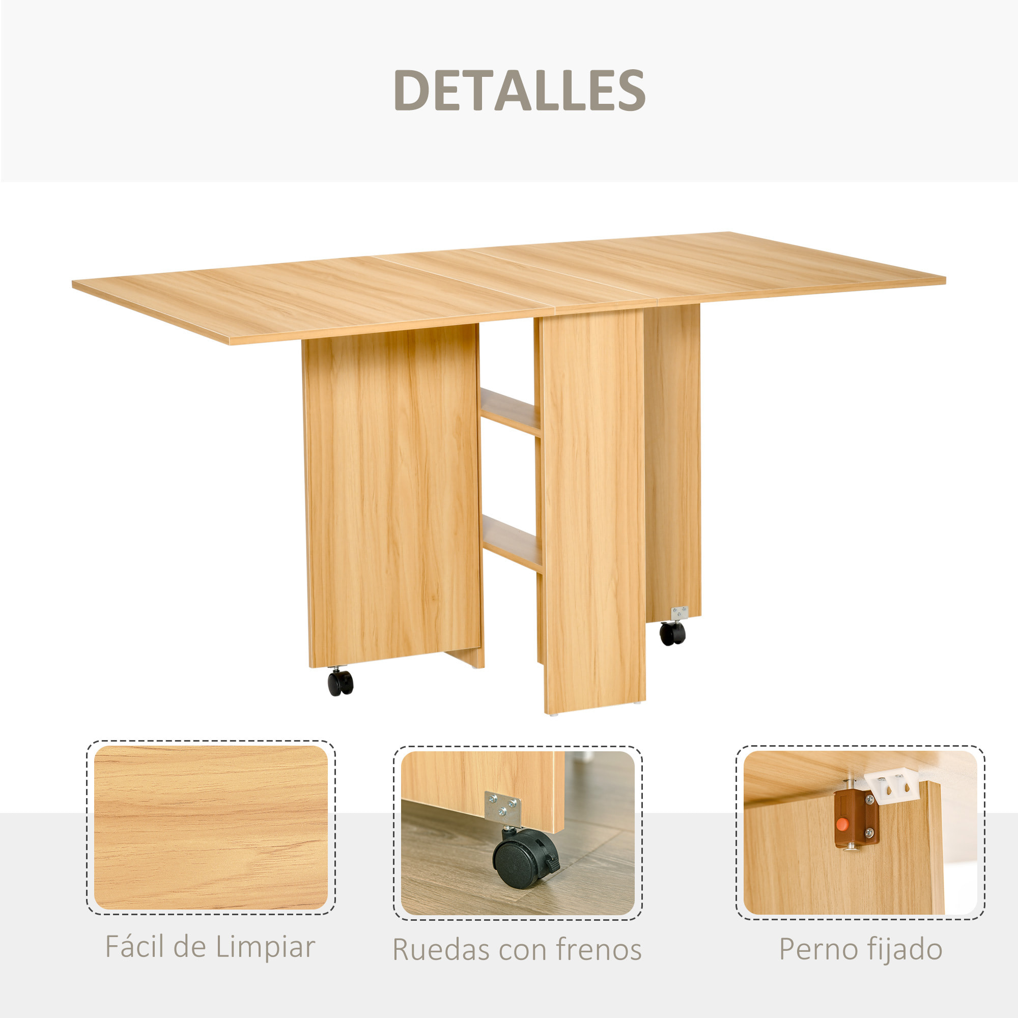 Mesa Plegable con Ruedas para Comedor 140x80x74cm Madera