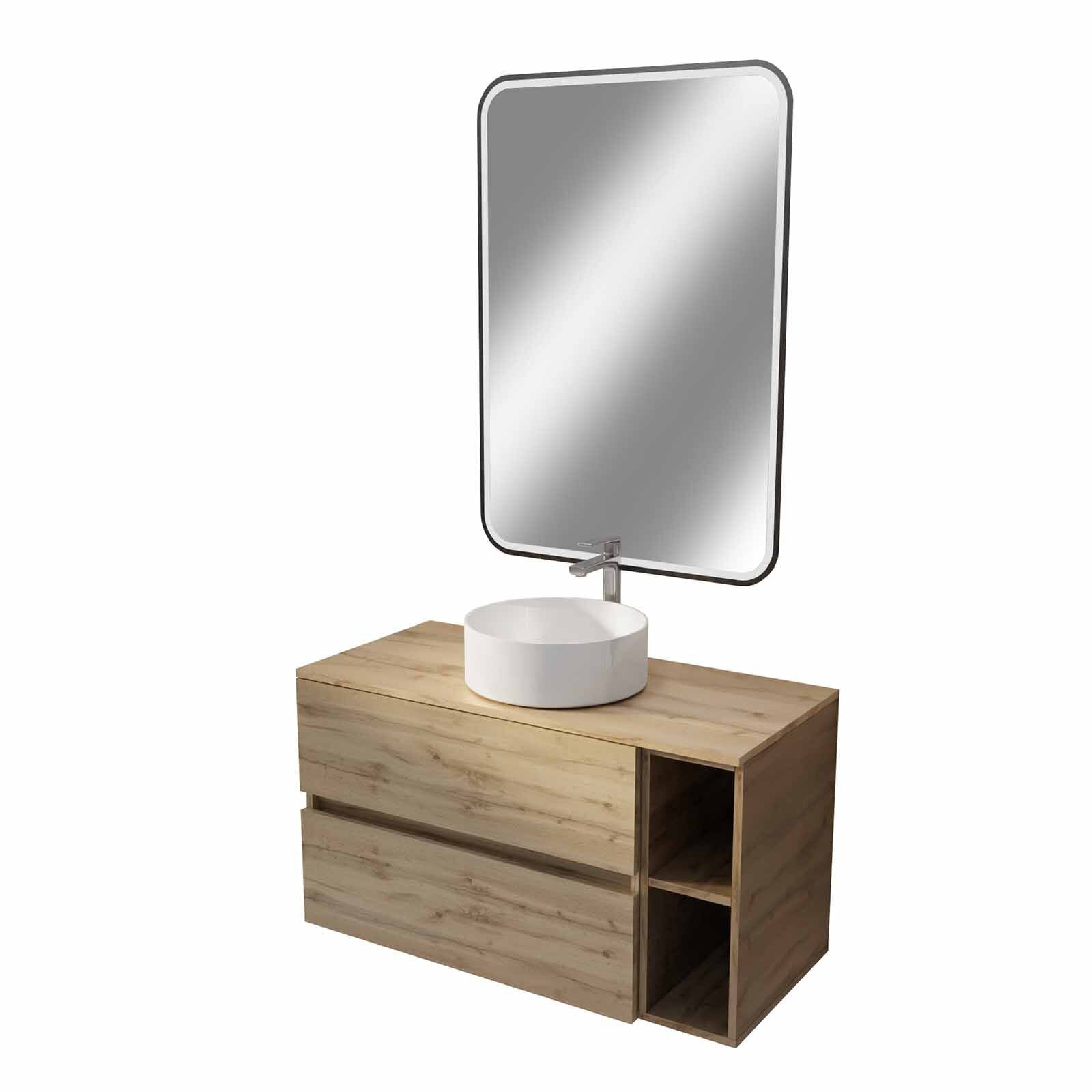 Meuble salle de bains 100 TIMBER Décor Chêne 2 Tiroirs, Vasque Blanche, Miroir 60x80 LED bord Noir