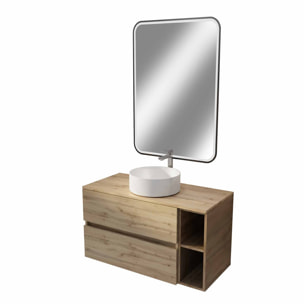 Meuble salle de bains 100 TIMBER Décor Chêne 2 Tiroirs, Vasque Blanche, Miroir 60x80 LED bord Noir