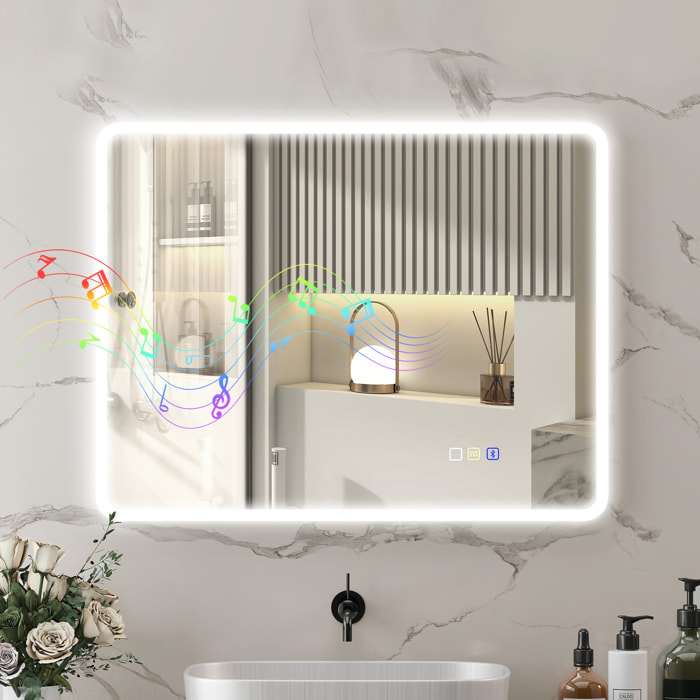 Espejo de Baño con Luz LED Bluetooth 90x70 cm Espejo de Pared con 3 Colores de Luz Brillo Ajustable Función Antivaho Función de Memoria Interruptor Táctil IP44