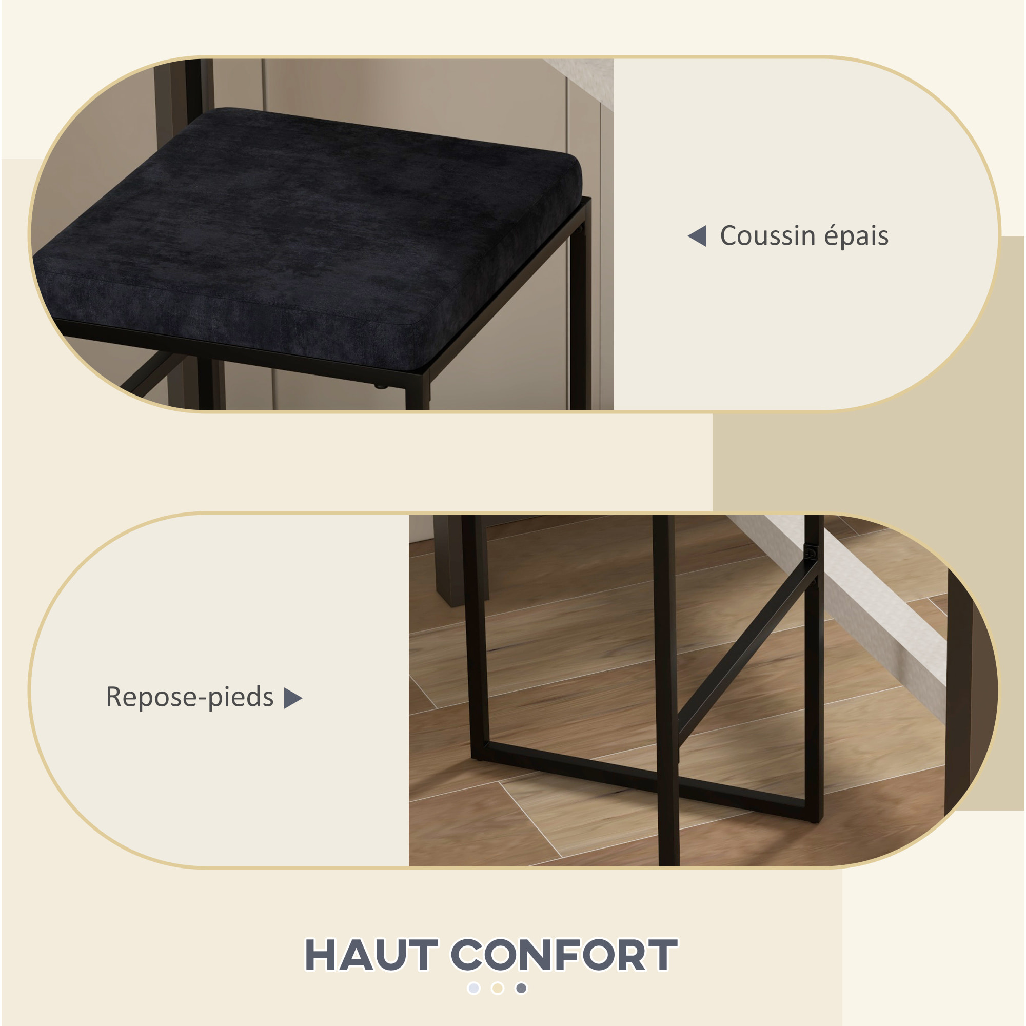 Lot de 2 tabourets de bar design - coussin, repose-pied, dossier intégrés - acier velours noir