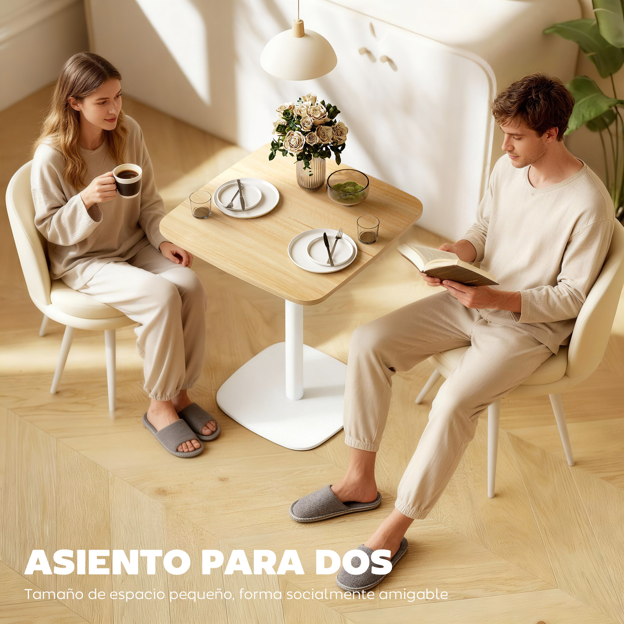 Mesa de Comedor Pequeña, Mesa de Cocina Cuadrada para 2 Personas, Base Cuadrada de Acero, para Espacios Pequeños, Salón, 60x60x75 cm, Madera Natural y Blanco