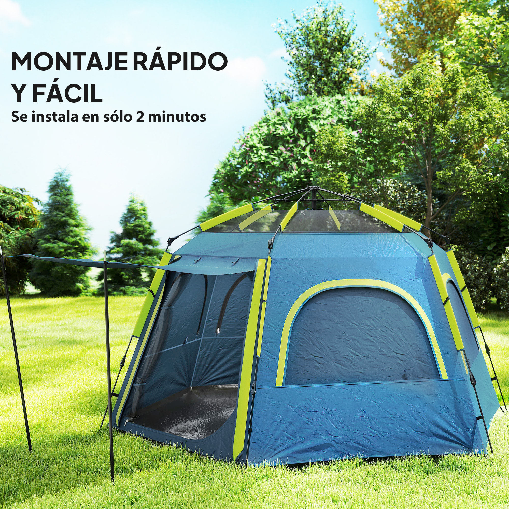 Tienda de Campaña para 2-4 Personas Tienda de Camping Plegable con Fácil Instalación Ventanas de Malla Gancho y Bolsa de Transporte Protección UV Impermeable para Senderismo Azul y Verde