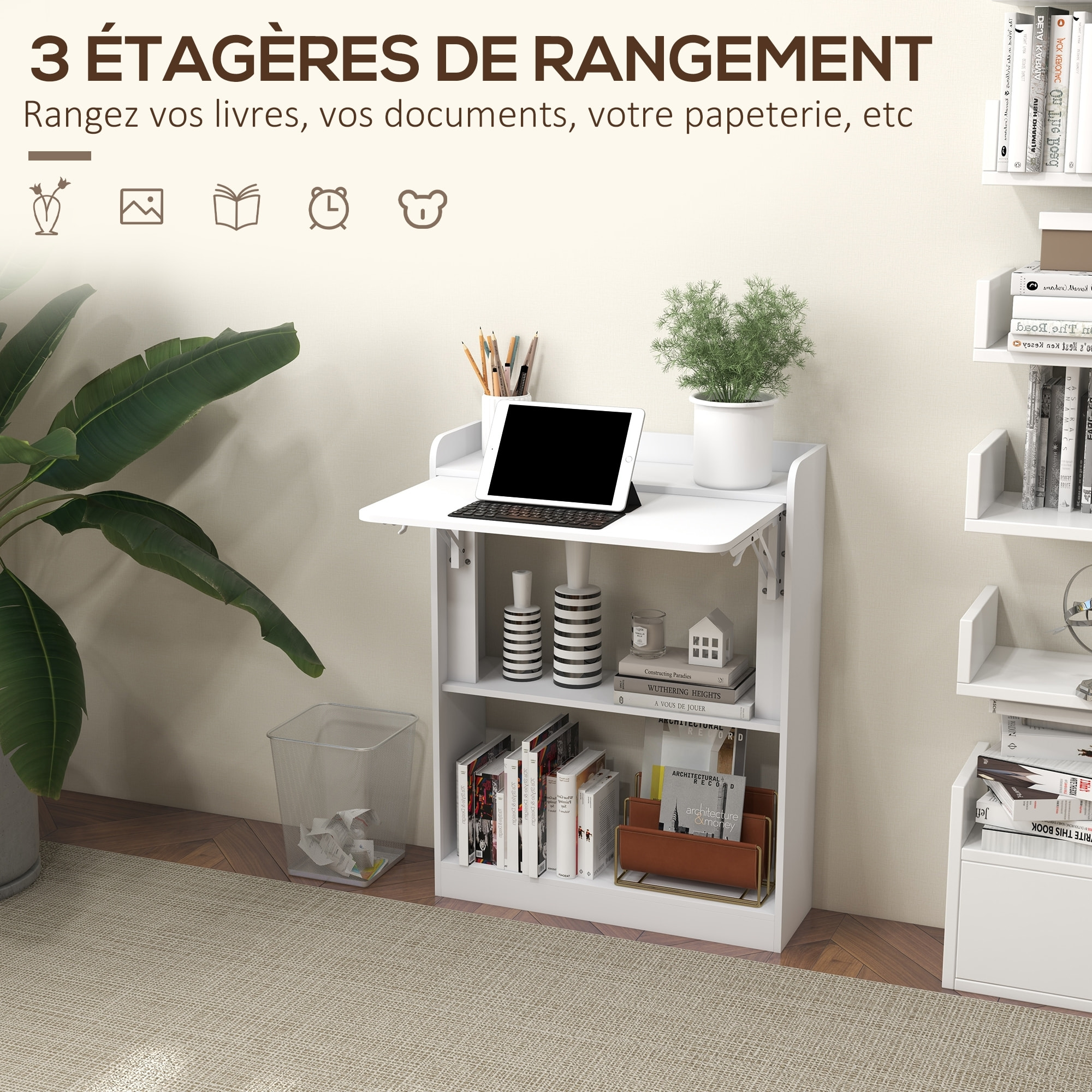 Bureau mural pliable d'appoint table murale rabattable suspendue avec bibliothèque 3 étagères panneaux blanc