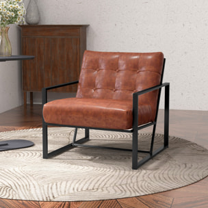 Fauteuil lounge style Chesterfield effet capitonné métal noir revêtement synthétique marron fauve