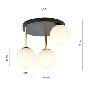 Lampada da soffitto Dolce in acciaio nero e oro con sfere in vetro opalino