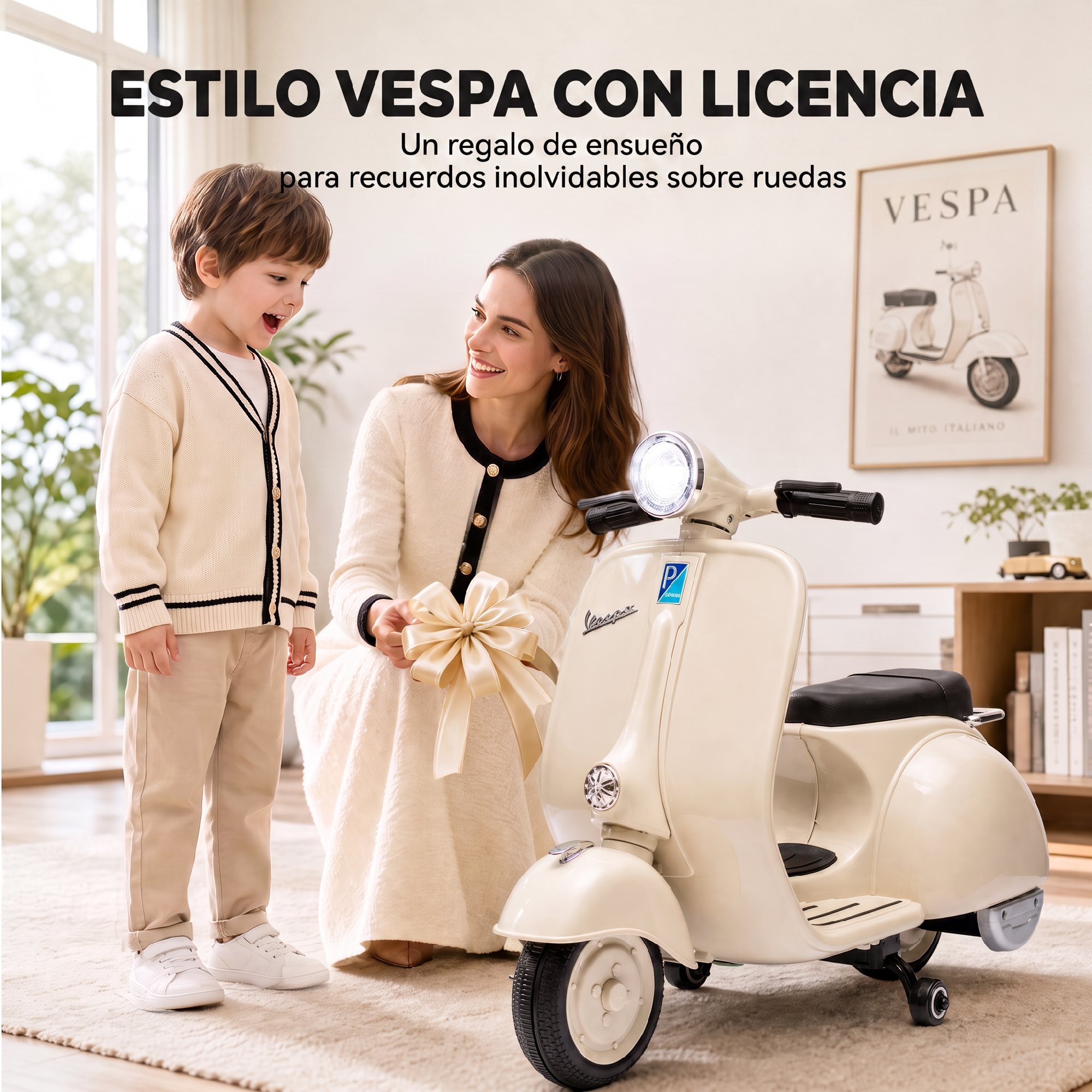 Moto Eléctrica para Niños Licencia VESPA 6V, Moto Eléctrica Infantil con Arranque Suave, Ruedines Desmontables, Luz Delantera, Música, Bocina, USB, Avance, Atrás, para Niños +3 Años, Blanco