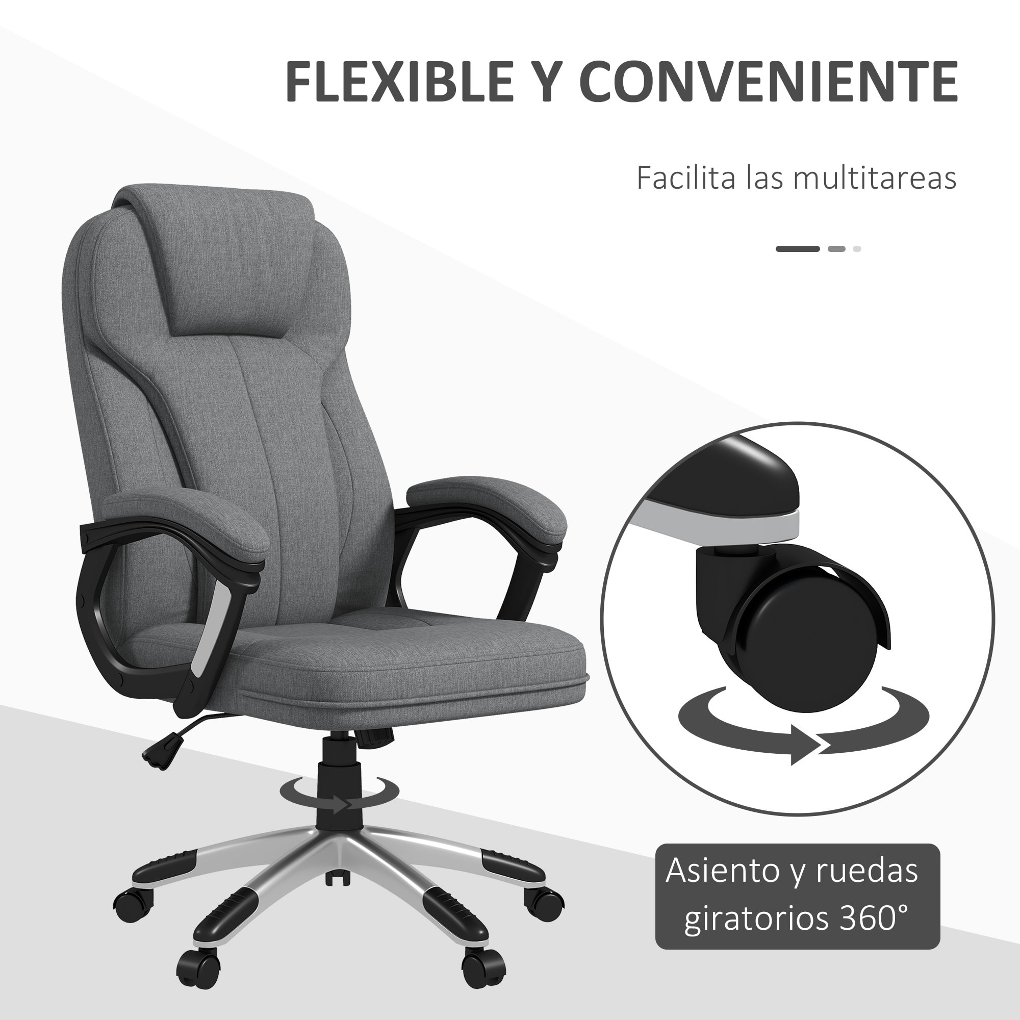 Silla de Oficina Silla de Escritorio Silla de Estudio Giratoria Tapizada en Tela con Función de Basculante Altura Ajustable Reposabrazos 66x75x110-120 cm Gris