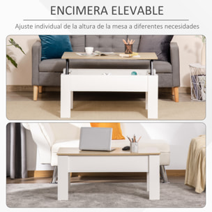 Mesa de Centro Elevable Mesa de Café con Encimera Elevable Espacio Oculto de Almacenaje 100x50x45-58,5 cm Blanco y Natural