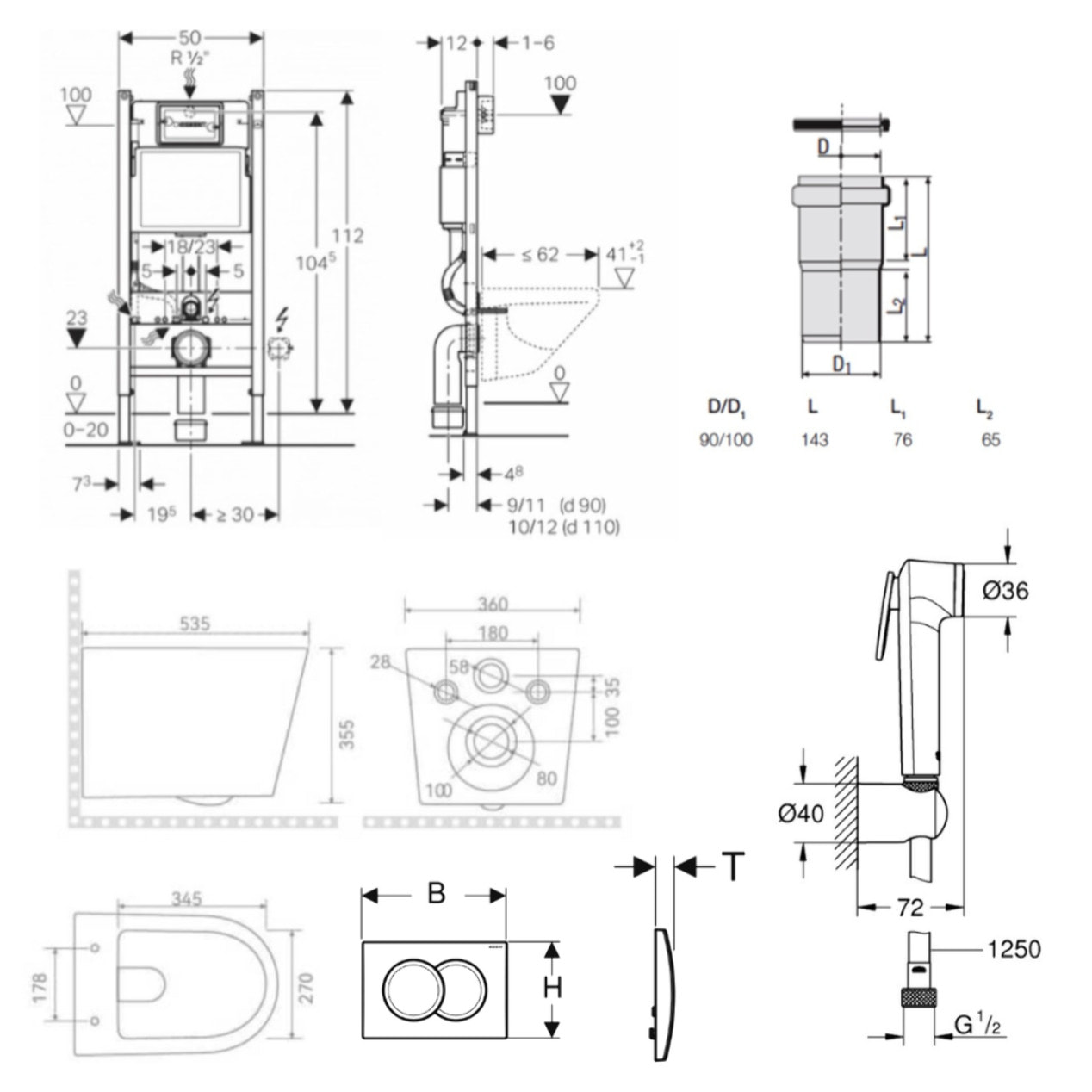 Pack WC bâti-support Duofix 112cm + WC sans bride + douchette 1 jet + support + plaque blanche (CETORGEB3SPR2VP)