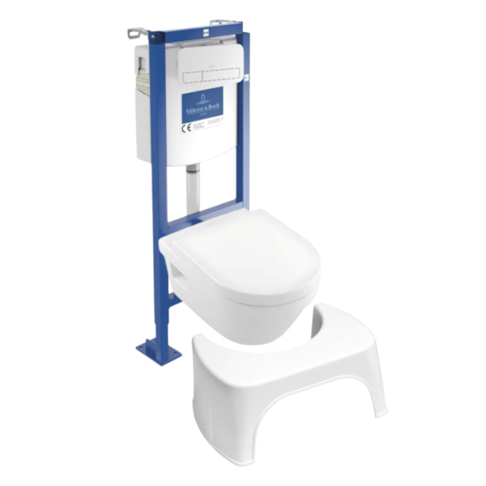 Pack WC suspendu sans bride Architectura 37 x 53 + abattant + plaque blanche + bâti  + Tabouret blanc