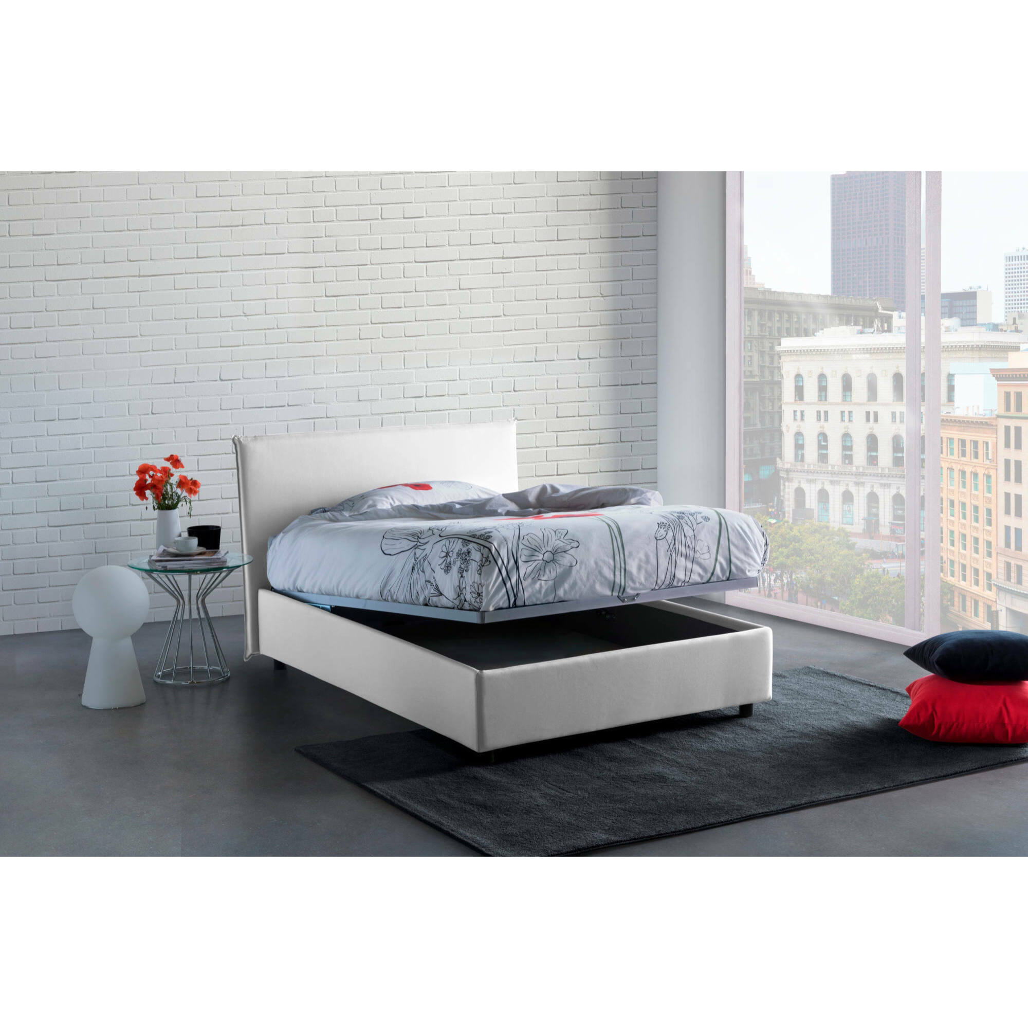 Letto piazza e mezza Ashasa, Letto contenitore con rivestimento in tessuto, 100% Made in Italy, Apertura frontale, adatto per materasso Cm 120x190, Bianco