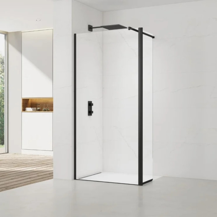 Walk-in 100x200cm Paroi et retour pivotant en verre Crystal Glass® 8 mm anticalcaire , avec bras et profilés noir mat