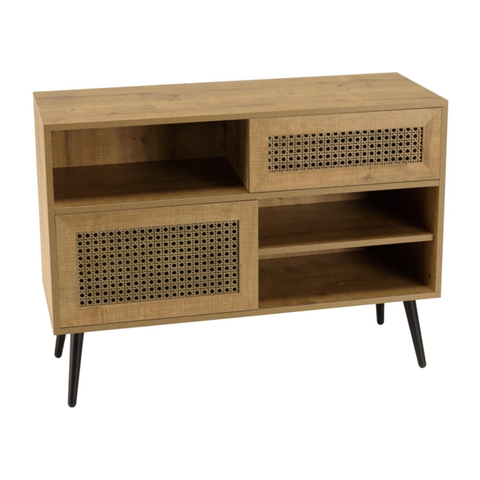 CHARLIE - Buffet bas marron 3 niches 2 portes effet cannage pieds métal