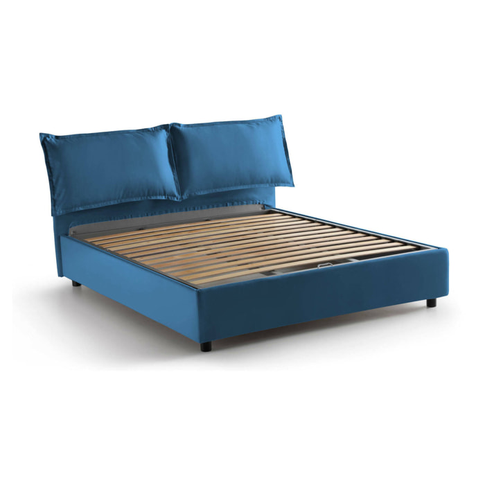Letto alla francese Agalo, Letto contenitore in tessuto, Apertura frontale, adatto per materasso Cm 140x200, 100% Made in Italy, Blu