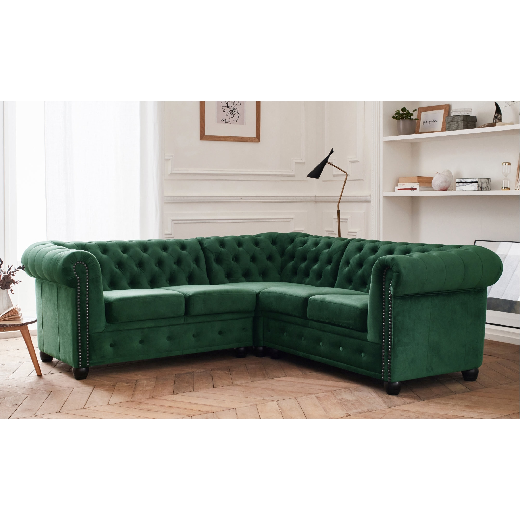 William - canapé Chesterfield d'angle réversible - 5 places - en velours - Vert