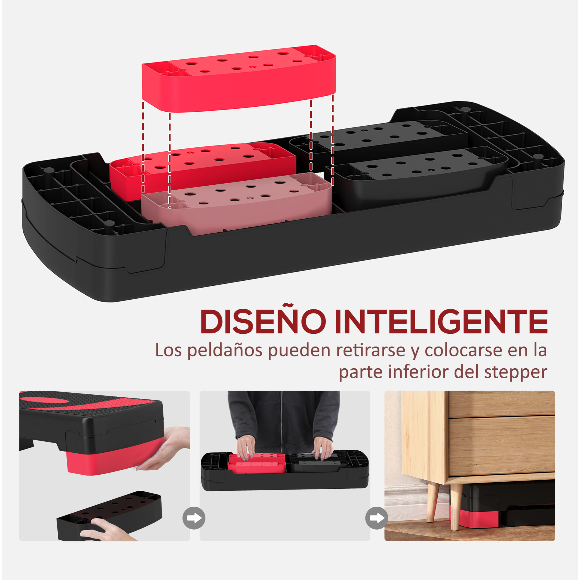 Step de Aeróbic, Step para Fitness Antideslizante con Altura Regulable 3 Niveles de 10/15/20 cm, Tabla Plataforma Stepper para Ejercicio en Casa Gimnasia, Carga 150 kg 80x31x20 cm, Rojo