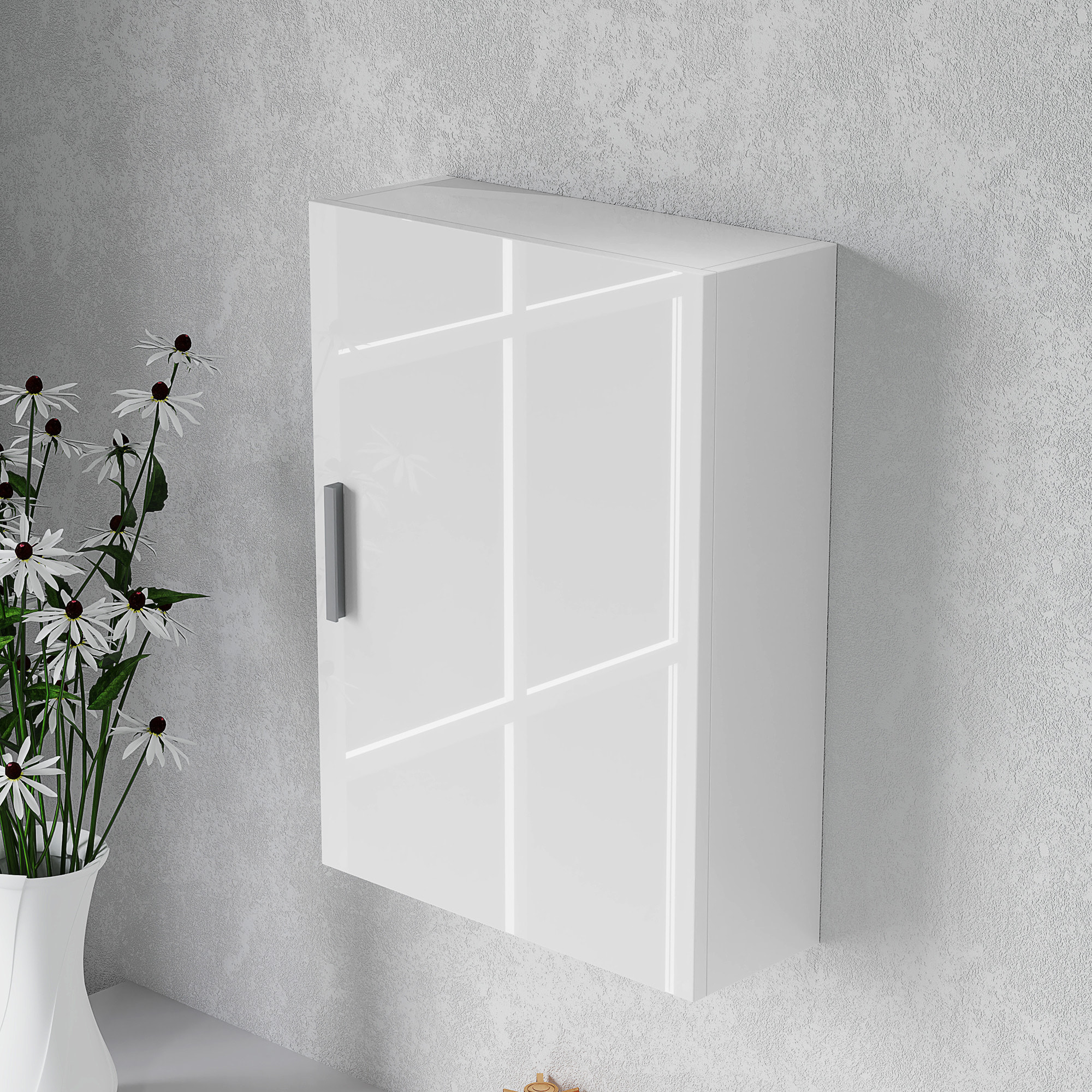 Armario de Baño Pared, Mueble de Baño Colgar con Estantes Ajustables de Vidrio Templado, Ahorro de Espacio, para Entrada, 40x15x55 cm, Blanco Brillo