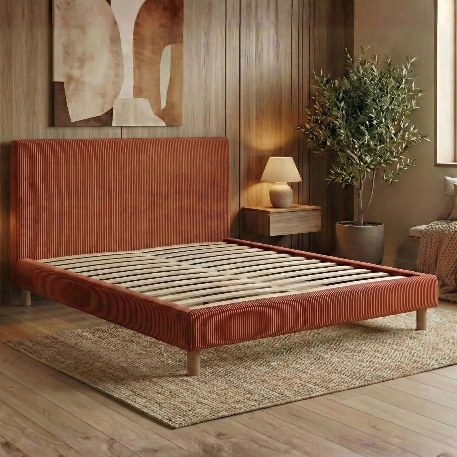 Lit Colisée avec tête de lit| Robuste et confortable | Montage simple rapide | Velours Côtelé | Terracotta