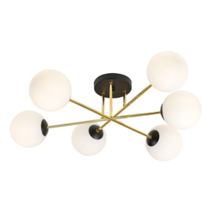 Lampada a sospensione Magnum in acciaio nero e oro con sfere in vetro bianco