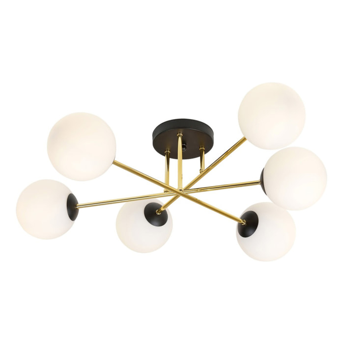 Lampada a sospensione Magnum in acciaio nero e oro con sfere in vetro bianco