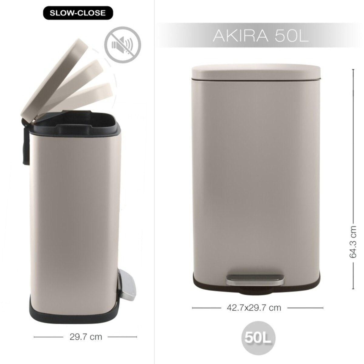 Poubelle à pédale de cuisine Acier AKIRA 50L Taupe mat Spirella