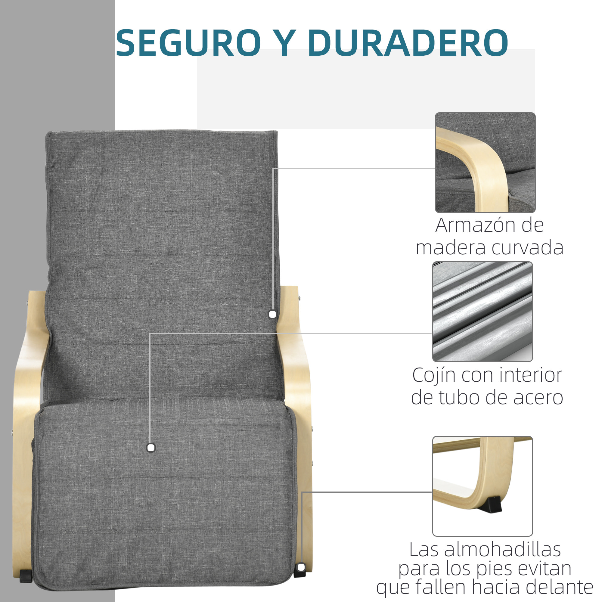 Sillón de Salón con Reposapiés Ajustable Silla Relax Butaca Tapizado en Tela con Marco de Madera Carga 120 kg para Oficina Estudio Dormitorio 66,5x94x100 cm Gris