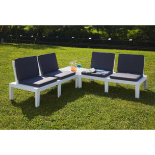 Set salotto da esterno Ermes, Composizione da giardino con 4 sedute con schienale ed 1 modulo multifunzione, Salottino con cuscini, 100% Made in Italy, Bianco