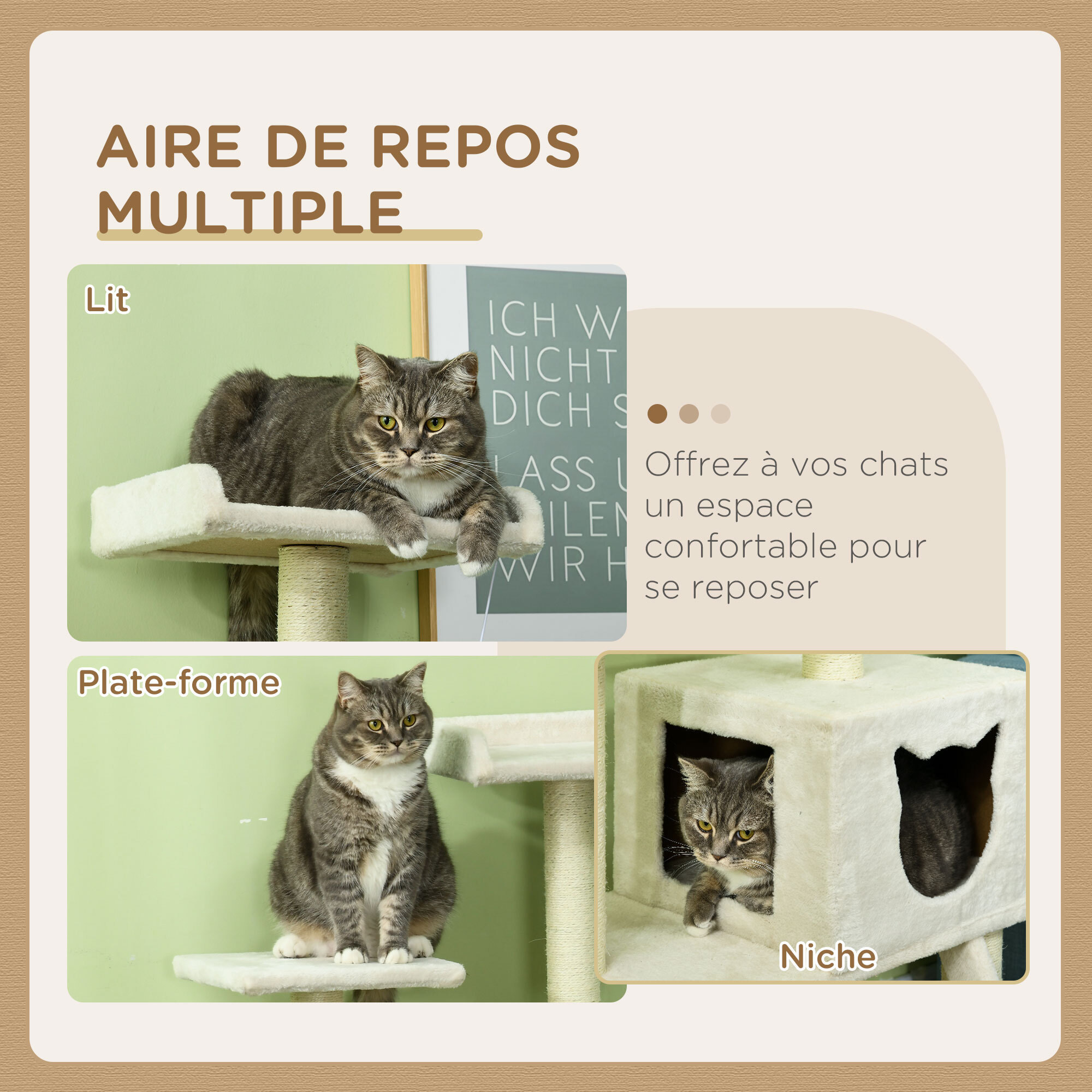 Arbre à chat multi-équipement griffoirs niche plateformes échelle jeu boule suspendue crème