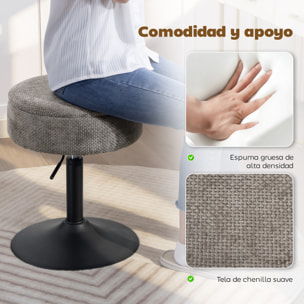 Taburete de Bar con Almacenaje, Altura Ajustable, Taburete de Cocina Redondo, Giratorio, Tapizado en Chenilla, Base de Acero, Diseño Botones, Acolchado, para Salón, Comedor, Oficina, Gris