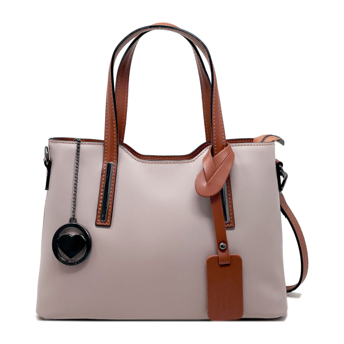 Chicca Borse - Borsa a Mano Donna in Vera Pelle - Colore Cipria - Cuoio