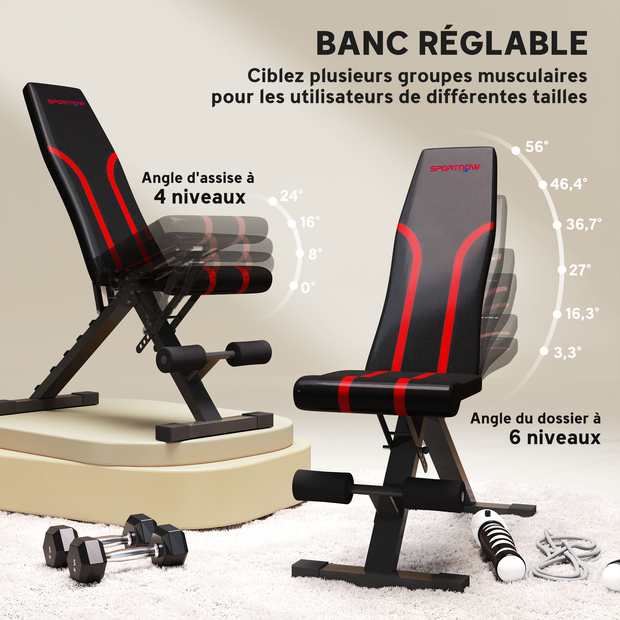 Banc de musculation pliable inclinable charge max. 230 Kg rouge noir