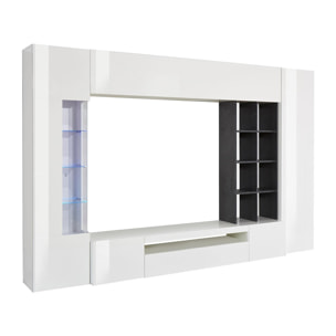 Parete attrezzata da soggiorno, Made in Italy, con luce LED blu, Base porta TV e pensili e scaffali, cm 290x40h192, colore Bianco lucido e Grigio Cenere