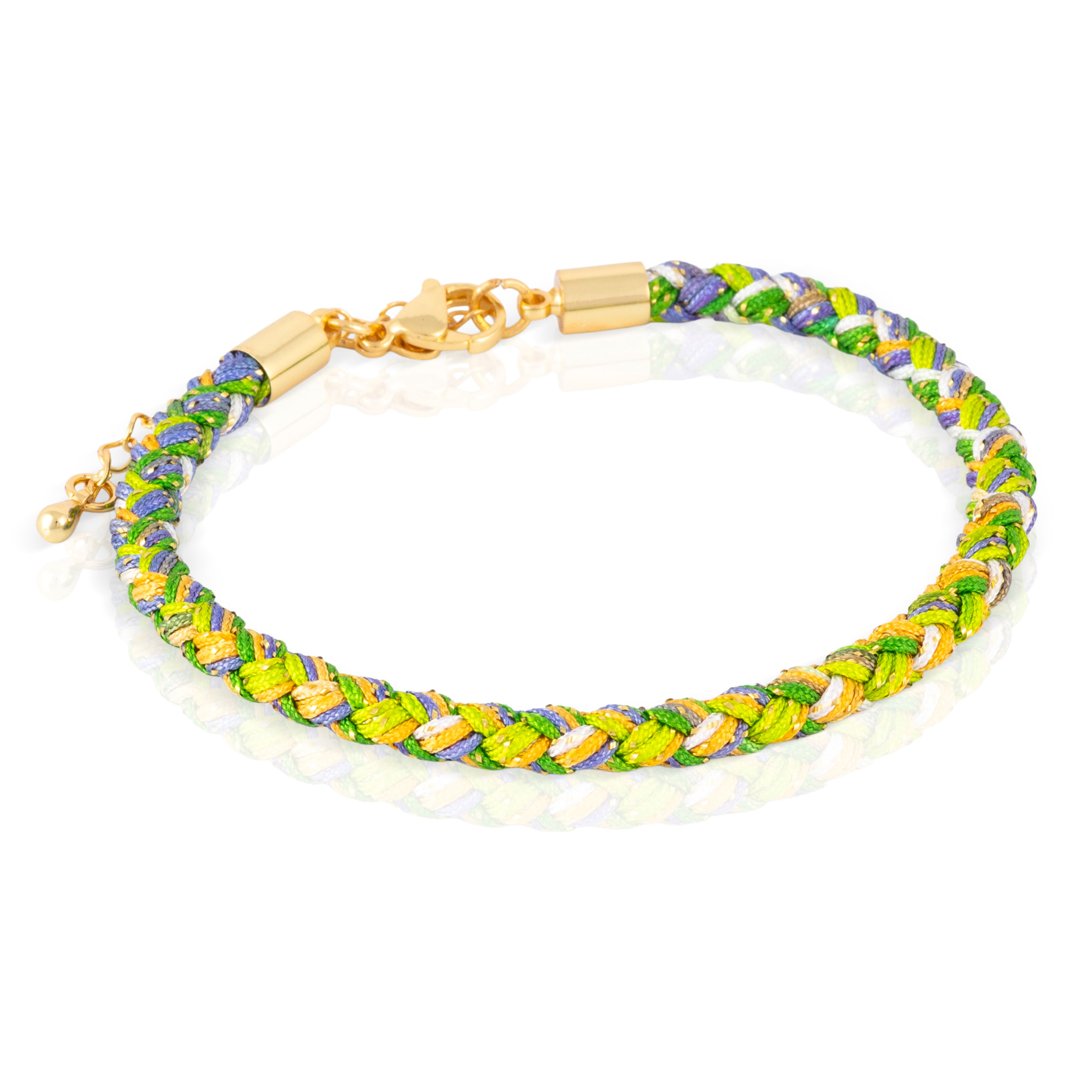 Pack de 4 pulseras trenzadas de alambre de acero multicolor con cierre de mosquetón en cobre dorado.