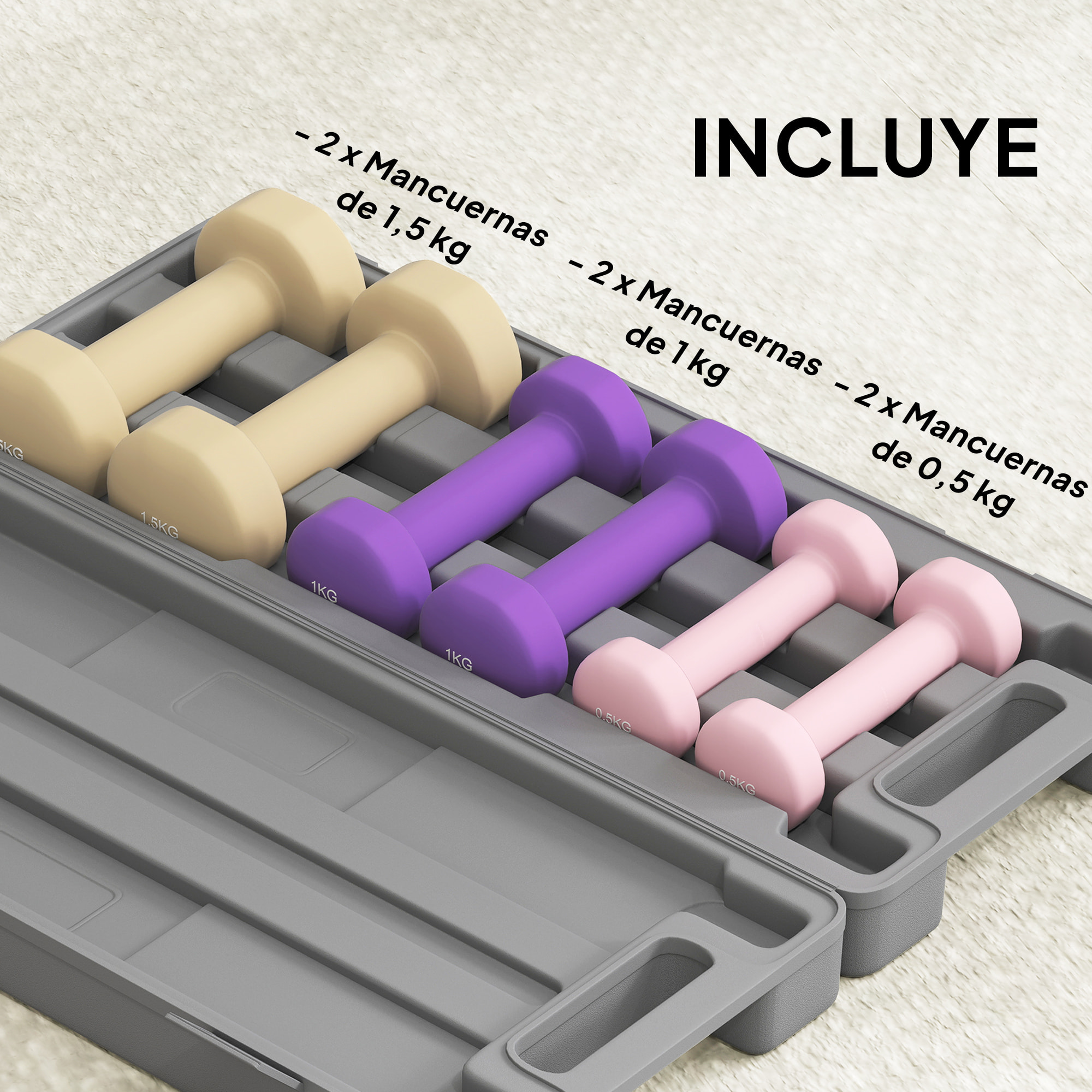 Juego de Mancuernas de 6 Piezas Total 6 kg, 2x1,5 kg, 2x1 kg, y 2x0,5 kg, Mancuernas Hexagonales con Revestimiento de PU con Maletín para Ejercicio en Casa, Gimnasio, Multicolor