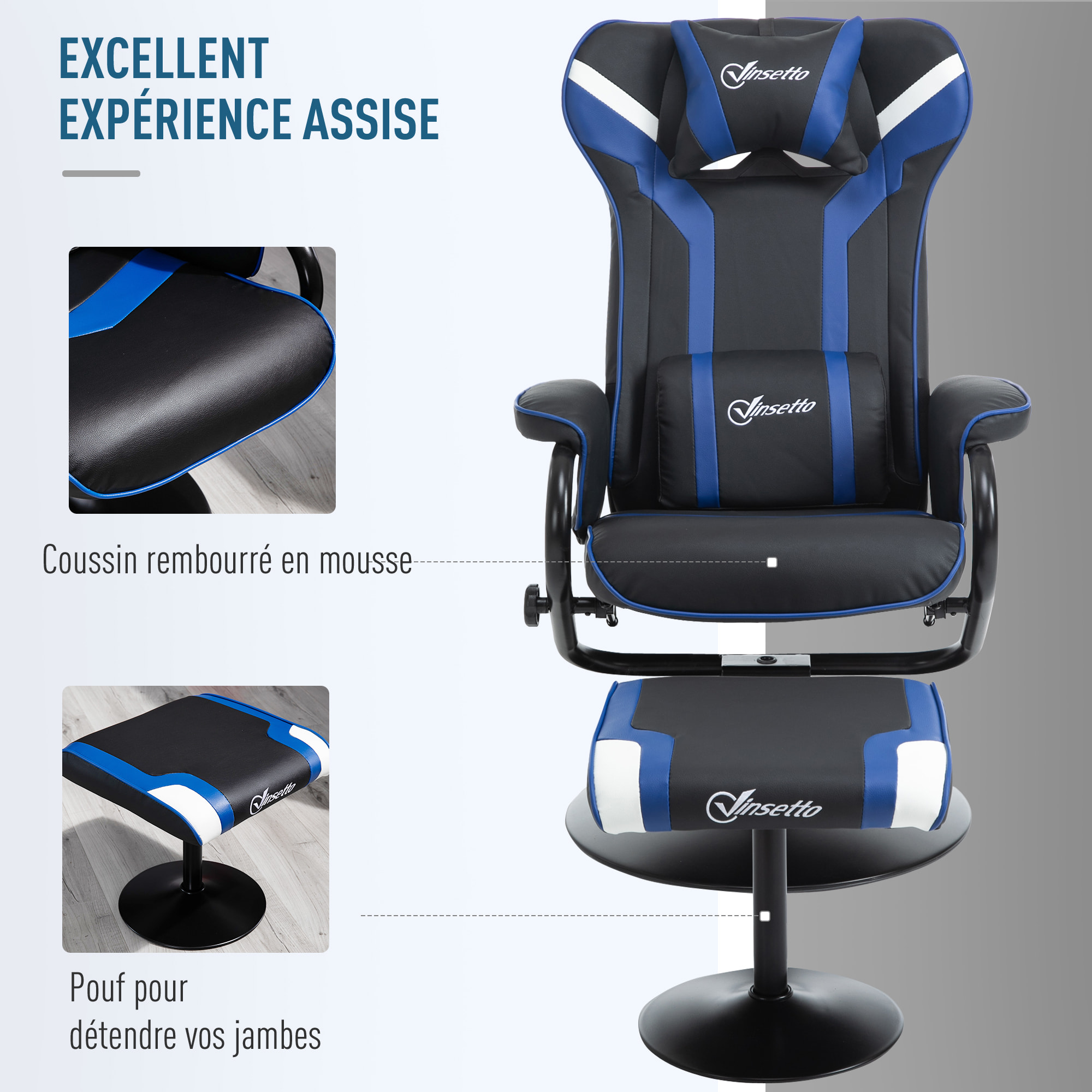 Fauteuil gamer inclinable pivotant avec repose-pied - coussins lombaires, tétière inclus - revêtement synthétique bleu noir