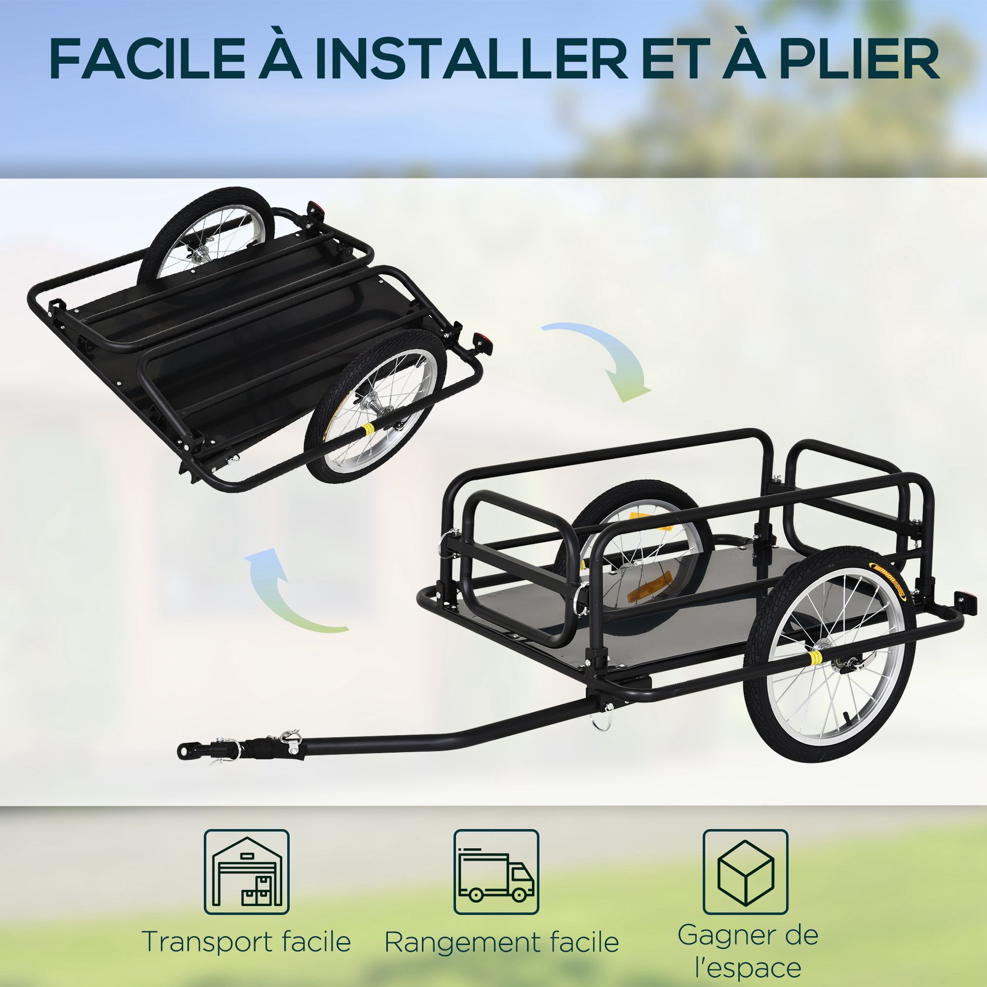 Remorque vélo remorque de transport pour vélo pliable 70L 139L x 71,5l x 49H cm barre d'attelage universelle acier noir