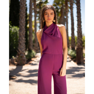 Mono largo de gasa con cuello halter drapeado de mujer