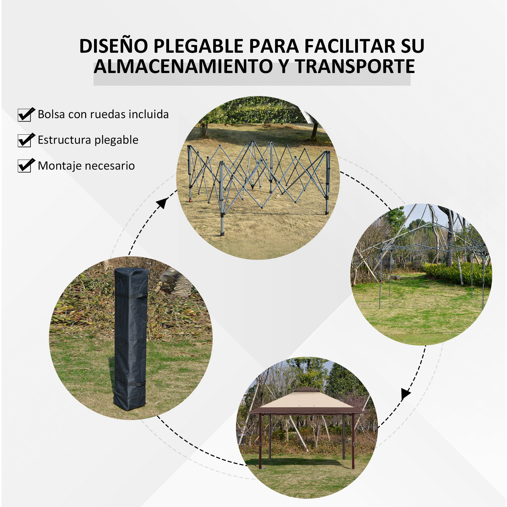 Carpa Plegable 3,85x3,85 m Cenador de Jardín con Doble Techo Altura Ajustable en 3 Niveles y Bolsa de Transporte Impermeable Anti-UV para Fiestas Bodas Caqui y Café