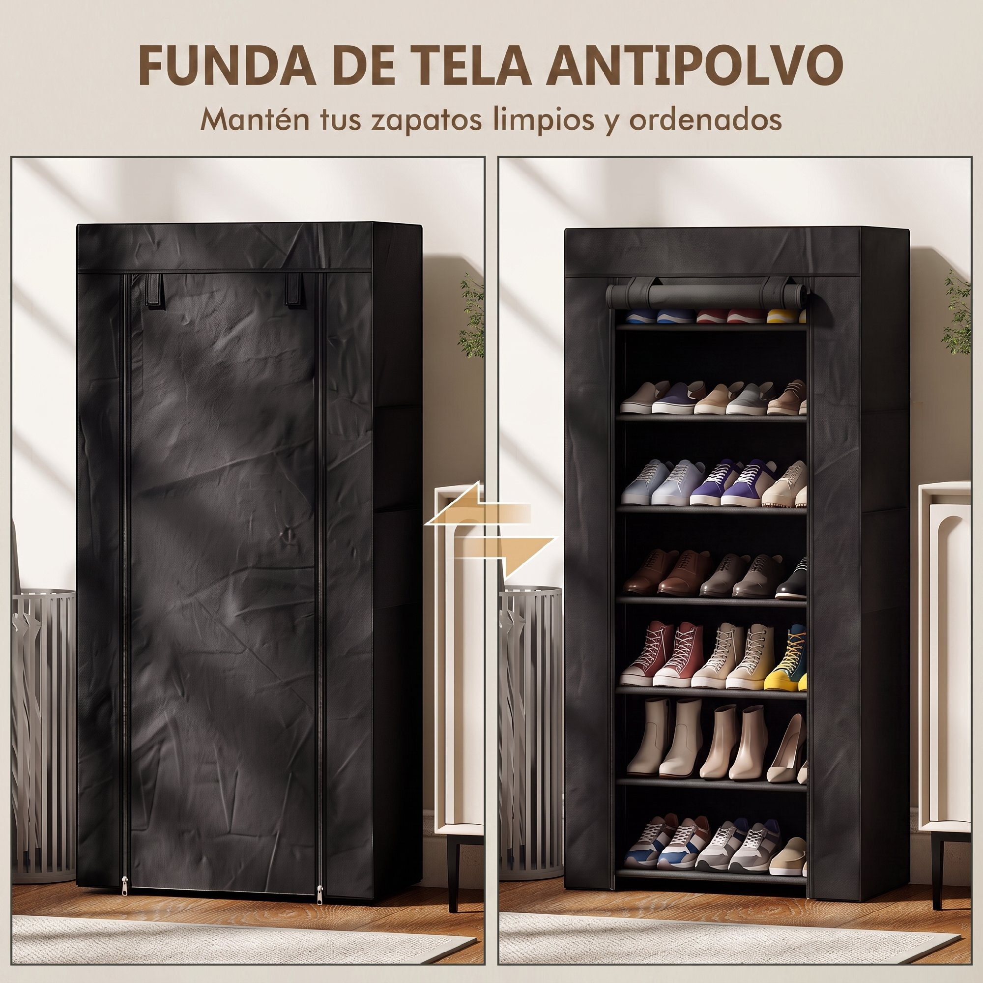 HOMCOM Zapatero de 7 Niveles, Zapatero Estrecho de Acero con Funda de Tela no Tejida, 2 Bolsillos Laterales, Estantería para 14-21 Pares de Zapatos, para Recibidor, Entrada, Pasillo, Negro