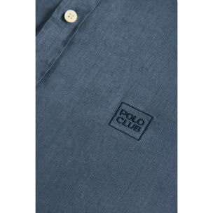 Camicia a polo blu denim in lino con logo ricamato