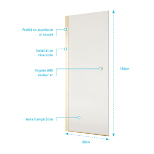Porte de Douche Pivotante 80x180 cm en Verre Trempe 5 mm - Finition Or Brosse - GOLD ELEMENTARY
