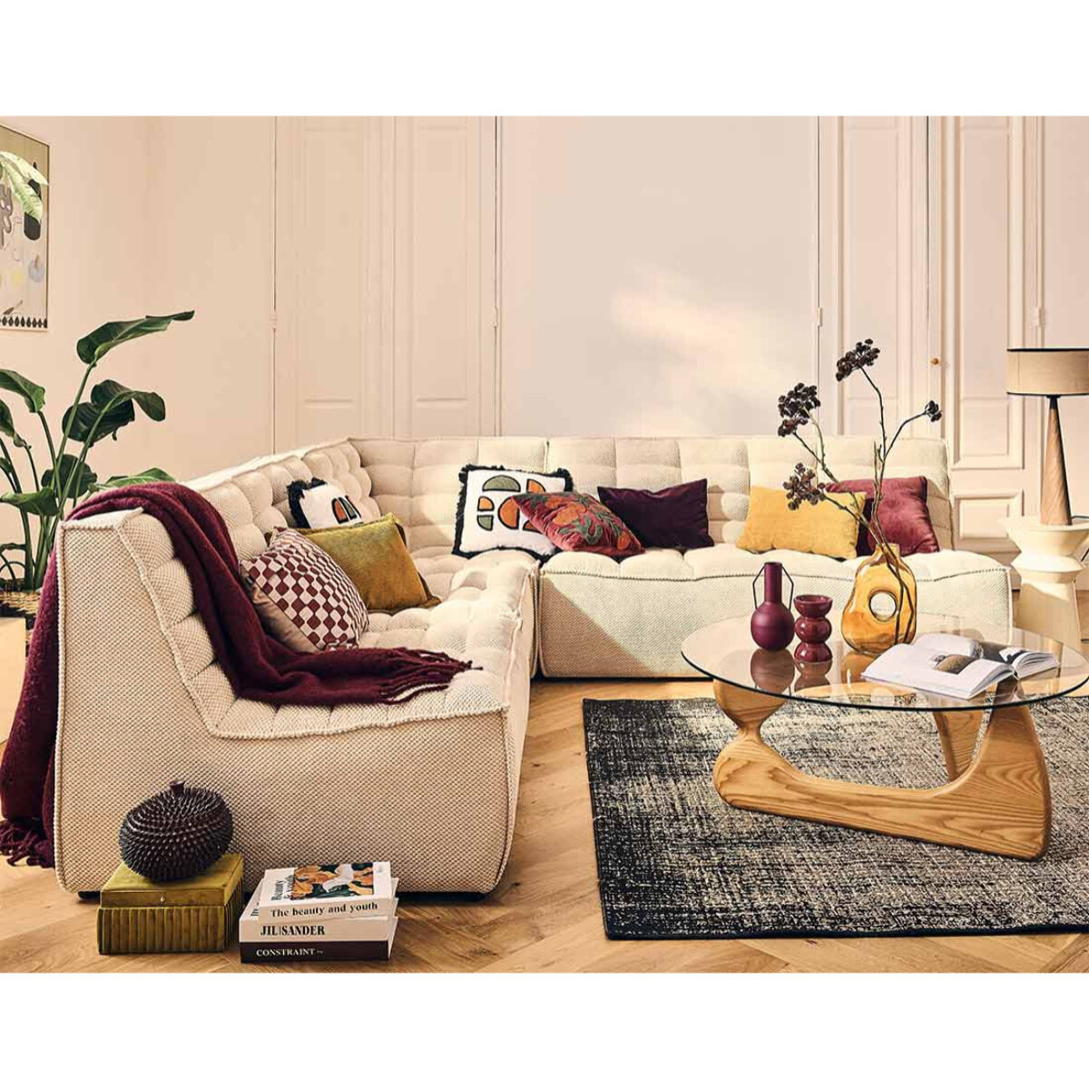 Ellie - canapé modulable d'angle réversible 5 places en velours texturé - Beige