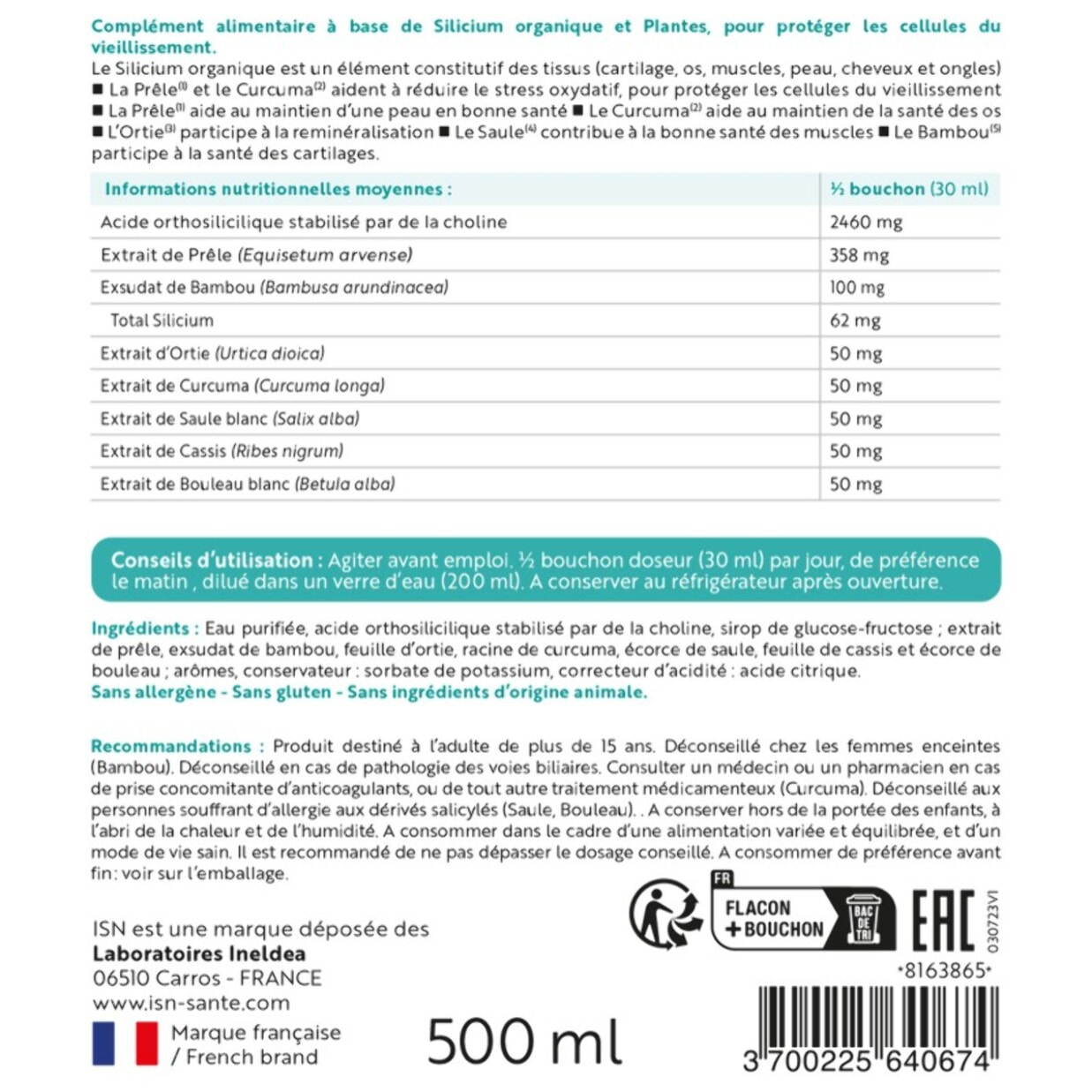 ISN - Silibiol Buvable - Complément alimentaire à base de Silicium organique et plantes - Protection cellulaire & anti-âge - Flacon 500 ml - Goût Framboise - Cure 15j