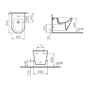 Set Integra WC sans bride + Abattant avec frein de chute en Duroplast + bidet suspendu et trop-plein, 35,5x54 cm, blanc