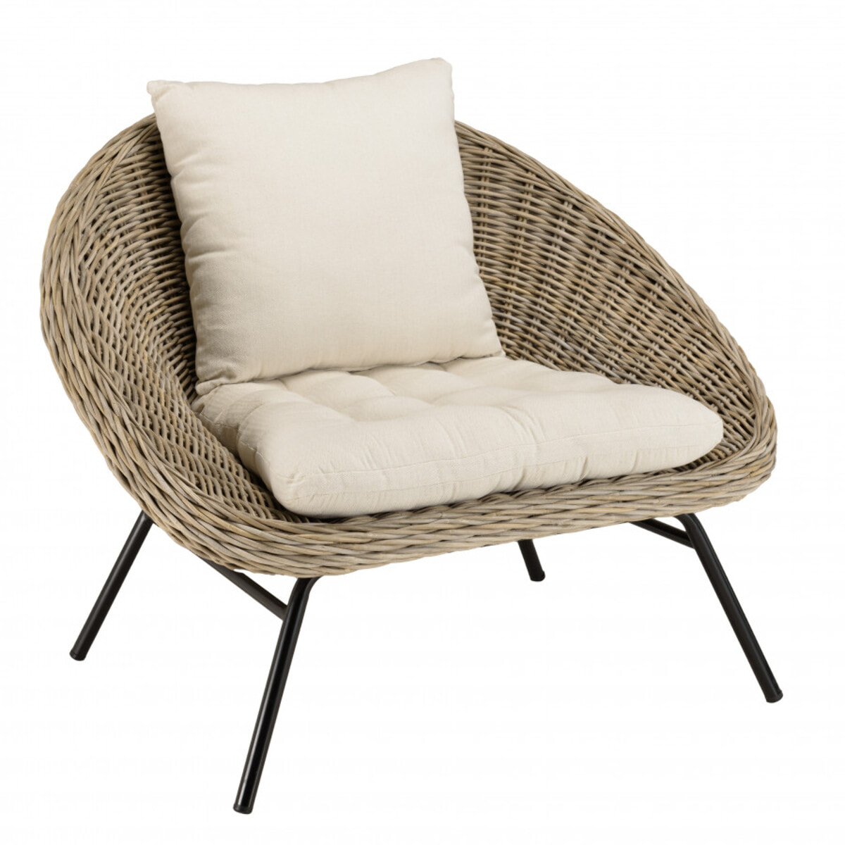 KALLY - Fauteuil lounge en kubu coussin d'assise blanc pieds métal noir