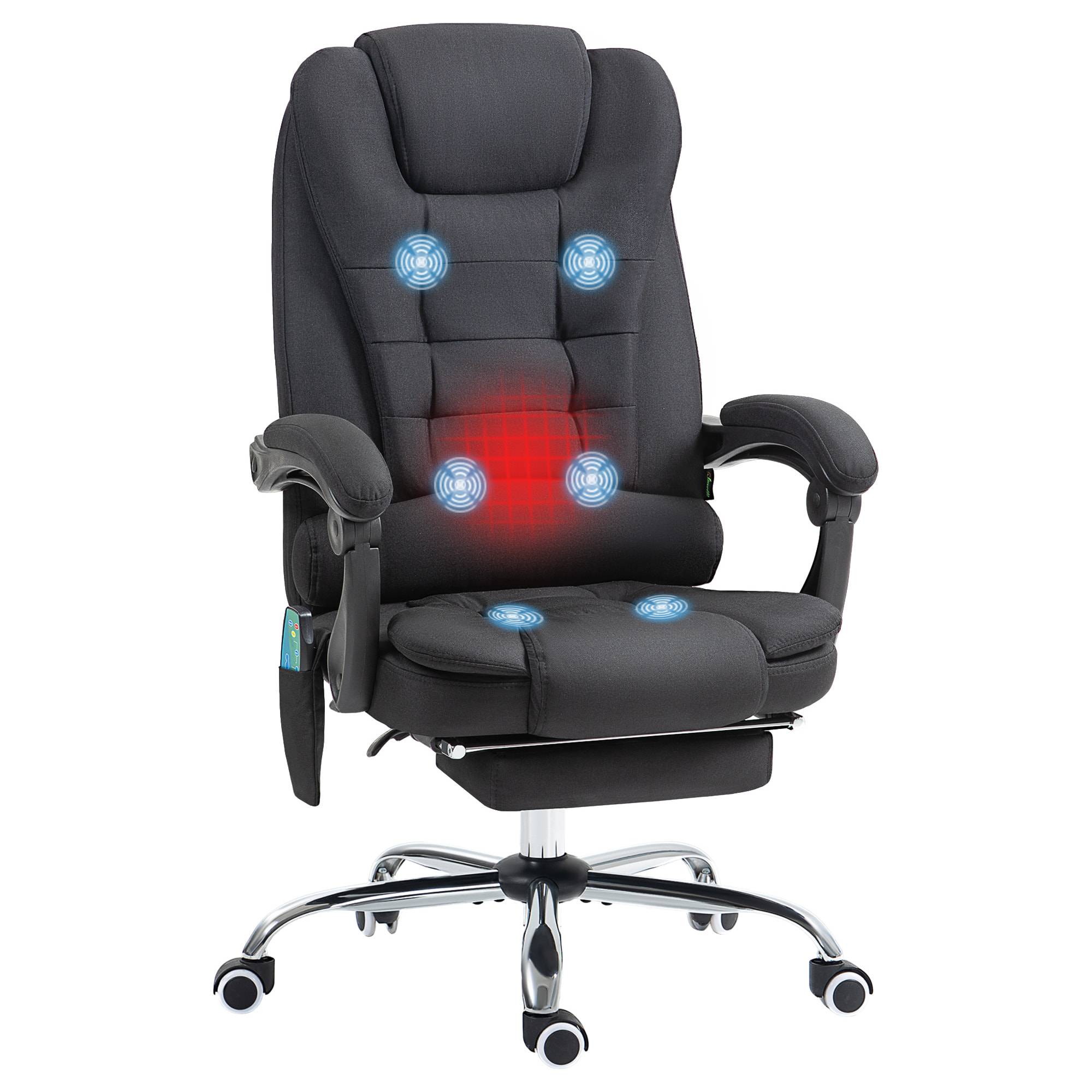 Silla de Oficina con 6 Puntos de Masaje Vibratorio, Silla de Escritorio Giratoria, Respaldo Reclinable 135Âº, Función Calefacción, Reposapiés Retráctil, Altura Ajustable, Control Remoto, Negro