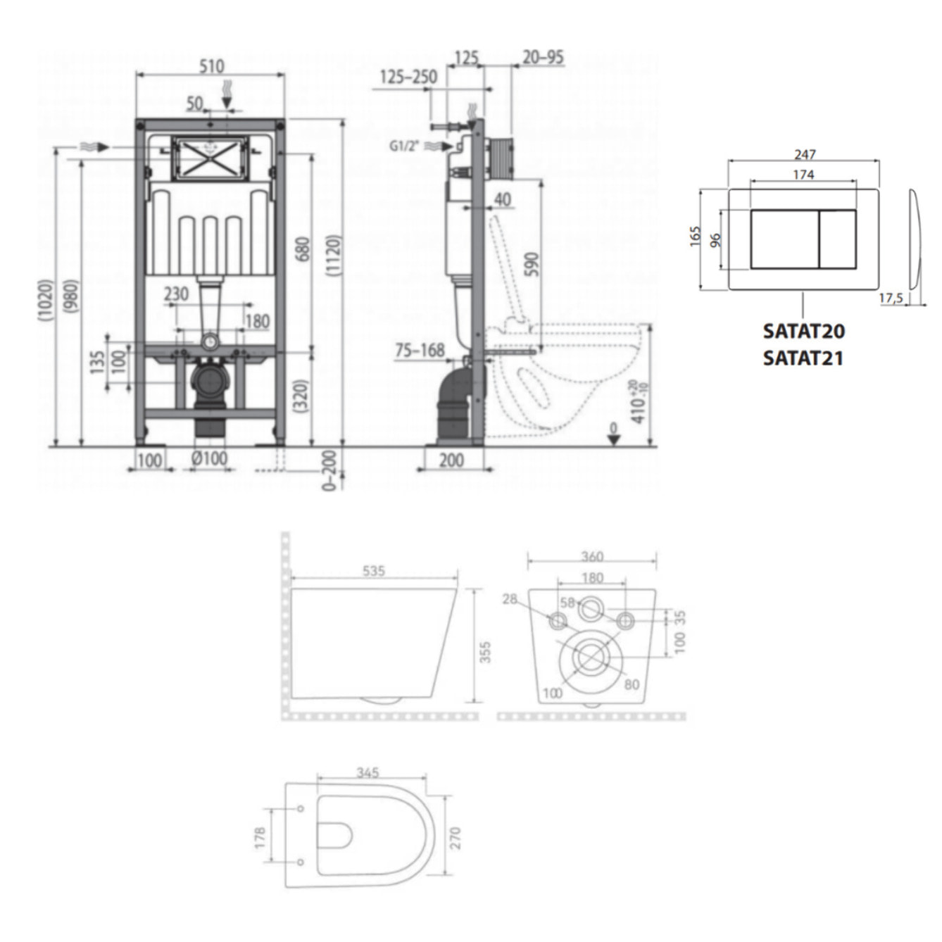 Pack WC bâti-support autoportant + WC suspendu sans bride + abattant SoftClose + plaque blanche (SMRTCETOR270)